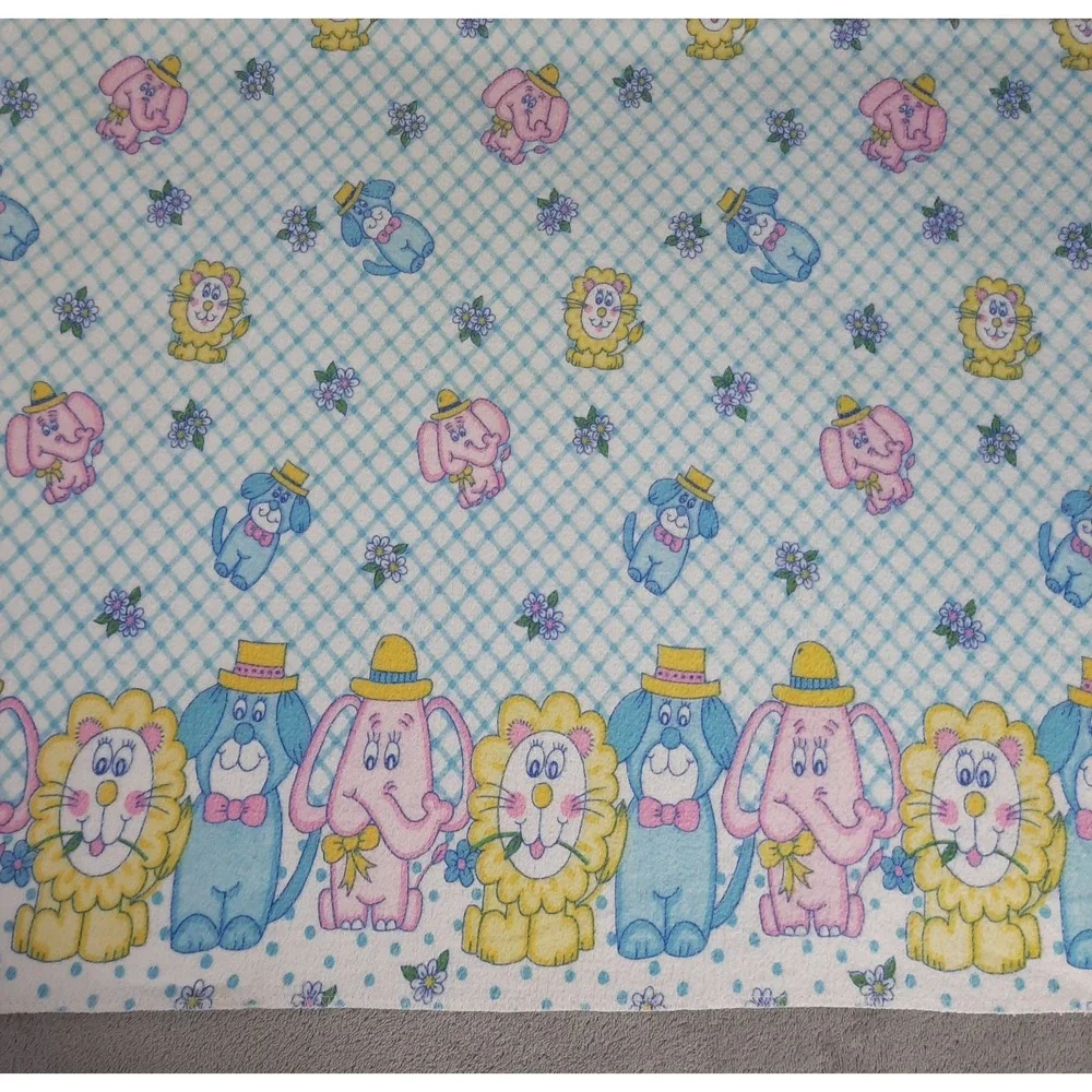 Vintage Flannel Baby Receiving Blanket Pastel Dogs Lions Elephants Whimsical 70s